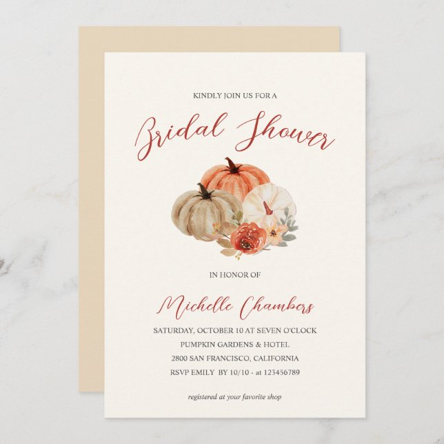 Convite Autumn Pumpkins Flowers Elegante Chá de panela In (Frente/Verso)
