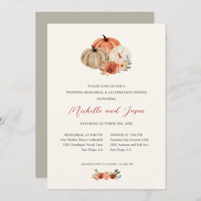 Convite Autumn Pumpkins Flowers Elegante REHEARSAL (Frente/Verso)