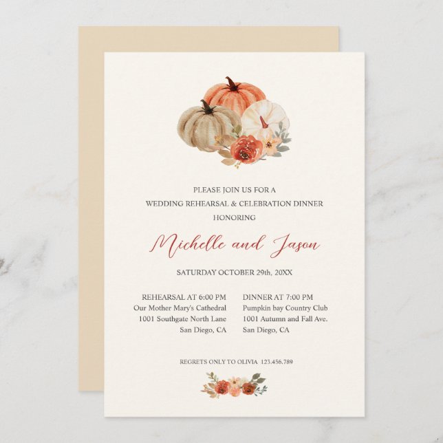Convite Autumn Pumpkins Flowers Elegante REHEARSAL (Frente/Verso)