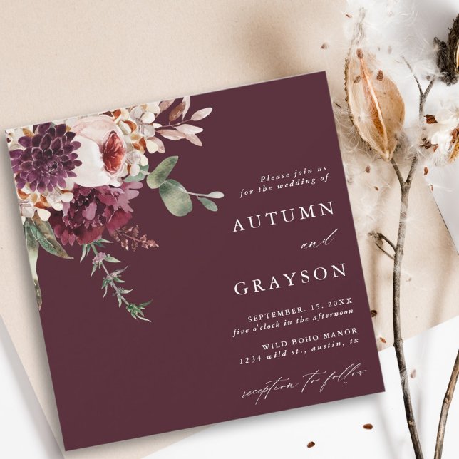 Convite Autumn Romance Burgundy Watercolor Square (Criador carregado)