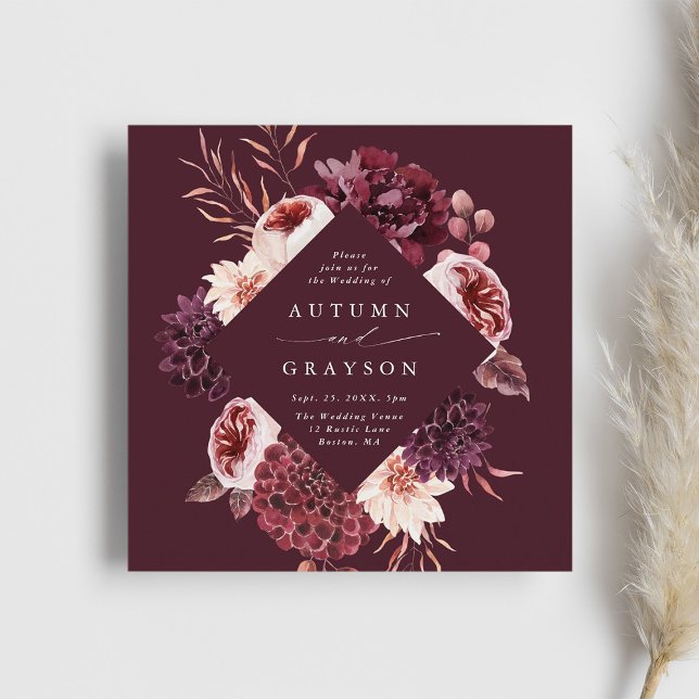 Convite Autumn Romance Burgundy Watercolor Square (Criador carregado)