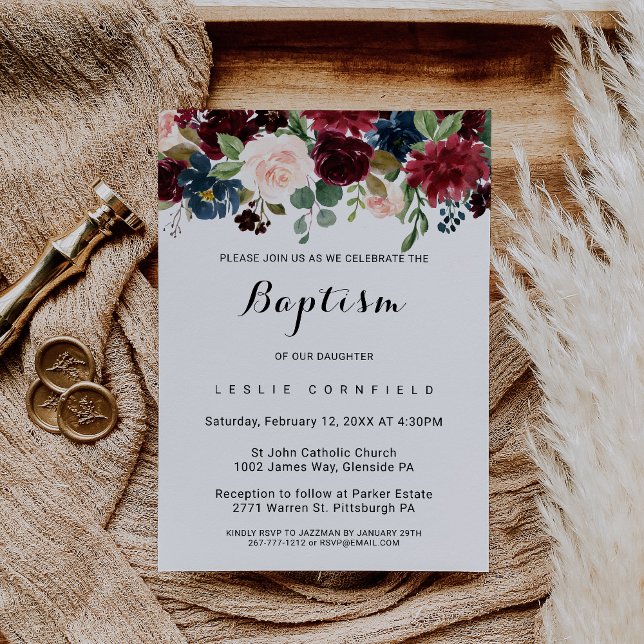 Convite Autumn Rustic Burgundy Baptism (Criador carregado)