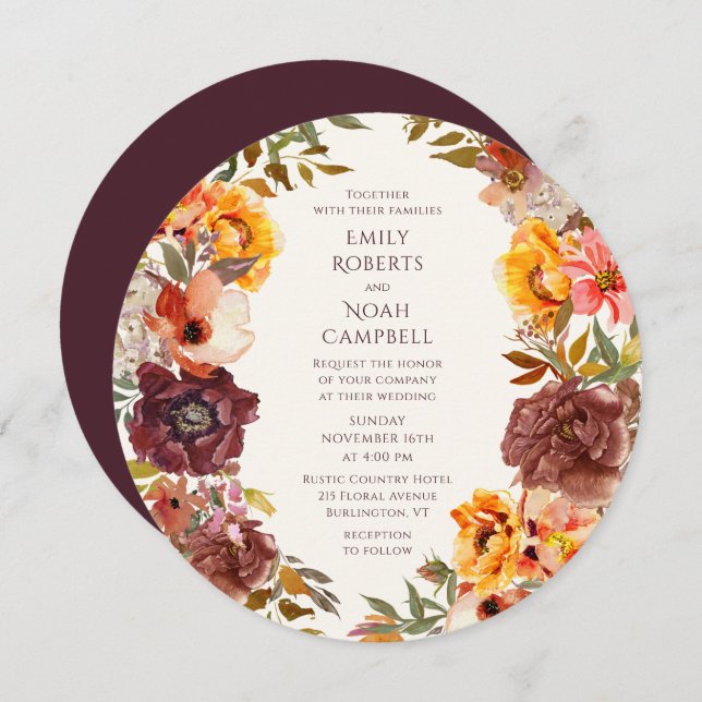 Convite Autumn Rustic Plum Orange Floral Weding (Frente/Verso)