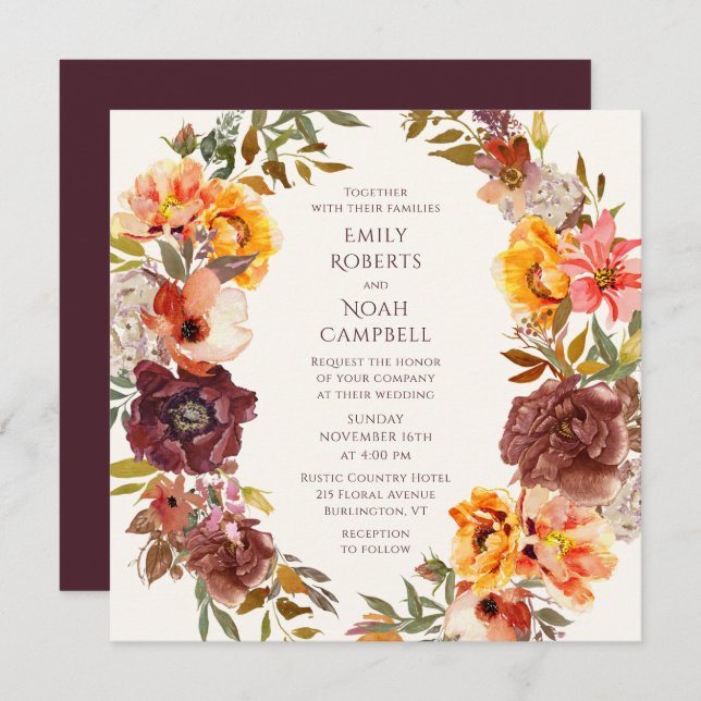 Convite Autumn Rustic Plum Orange Floral Weding (Frente/Verso)
