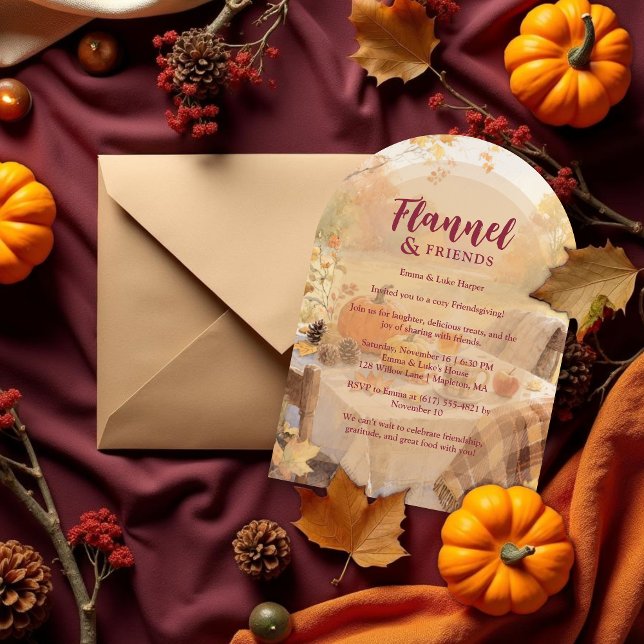 Convite Autumn Scene Flannel & Friends Brown Friendsgiving (Cozy Autumn Scene Flannel & Friends Brown Tones Friendsgiving Party Invitation Cards.)