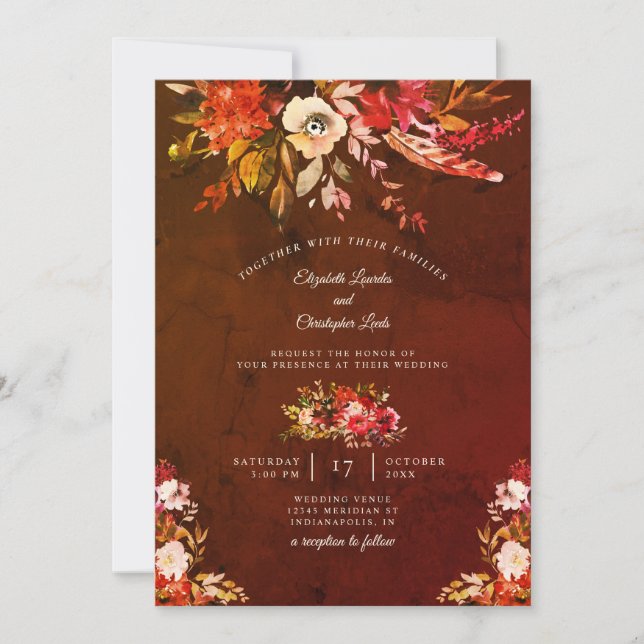 Convite Autumn Splendor Floral Marbled Brown Casamento (Frente)