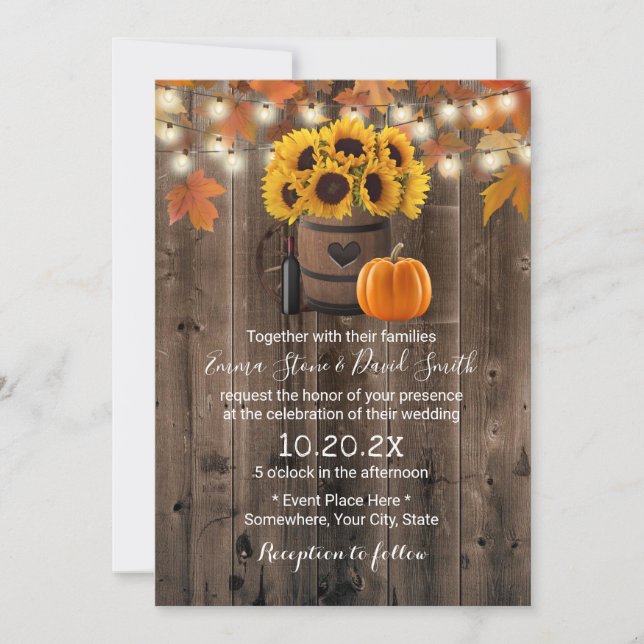 Convite Autumn Sunflower & Pumpkin Russo Casamento outono (Frente)