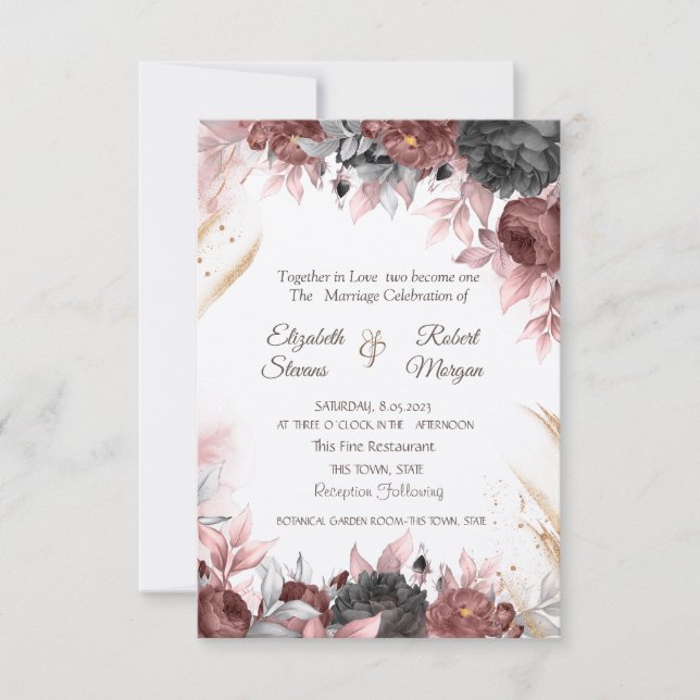 Convite Autumn Watercolor Flowers Chic Wedding (Frente)