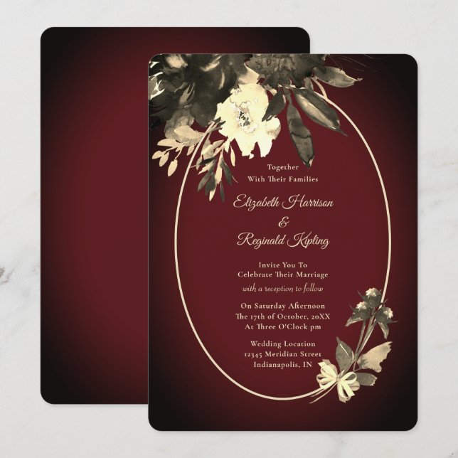 Convite Autumn Watercolor Ivory Floral Burgundy (Frente/Verso)