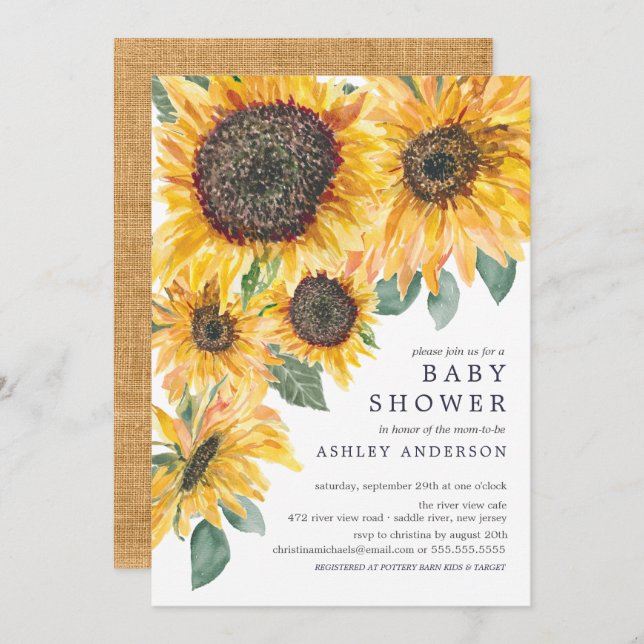 Convite Autumn Watercolor Sunflower Floral Chá de fraldas (Frente/Verso)
