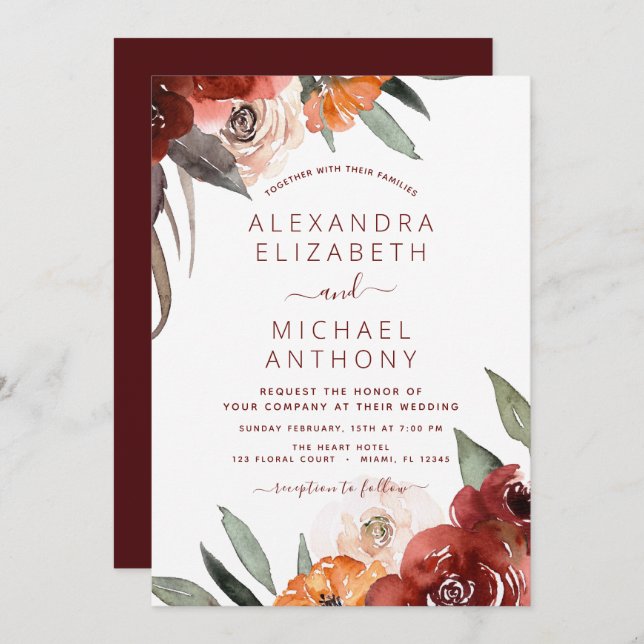 Convite Autumn Wedding Burgundy Floral (Frente/Verso)