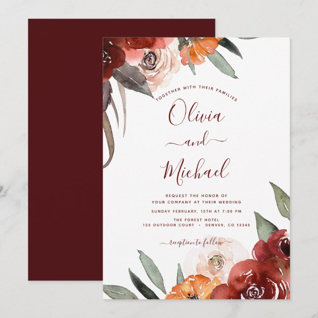 Convite Autumn Wedding Burgundy Floral Fall (Frente/Verso)