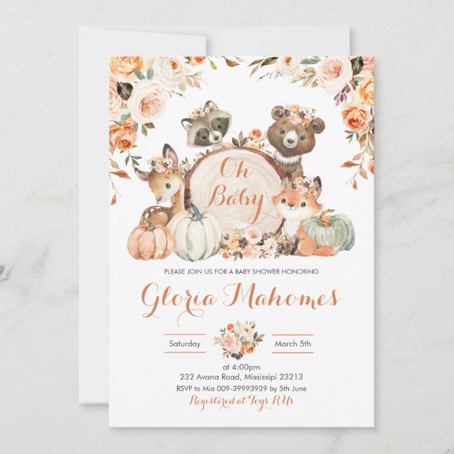 Convite Autumn Woodland Girl Oh Baby Chá de fraldas (Frente)