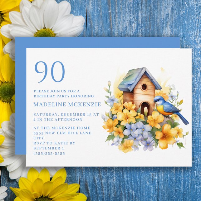 Convite Ave Birdhouse Blue Yellow Flowday 90 (Yellow and blue flowers, bird and birdhouse 90th birthday party invitation)
