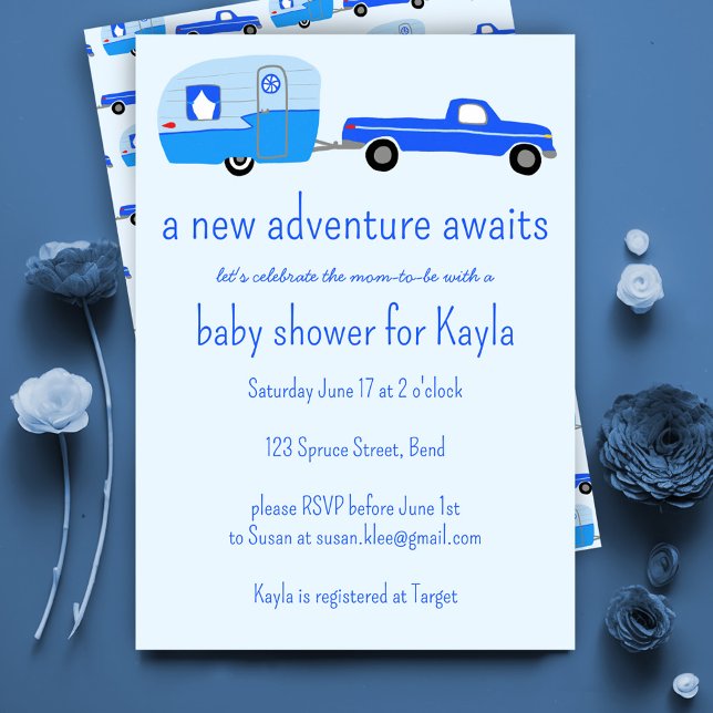 Convite Aventura Aguarda Caminhão e CHÁ DE FRALDAS de Trai (Adventure Awaits Cute Truck & Trailer BABY SHOWER Invitation Baby Boy Blue)