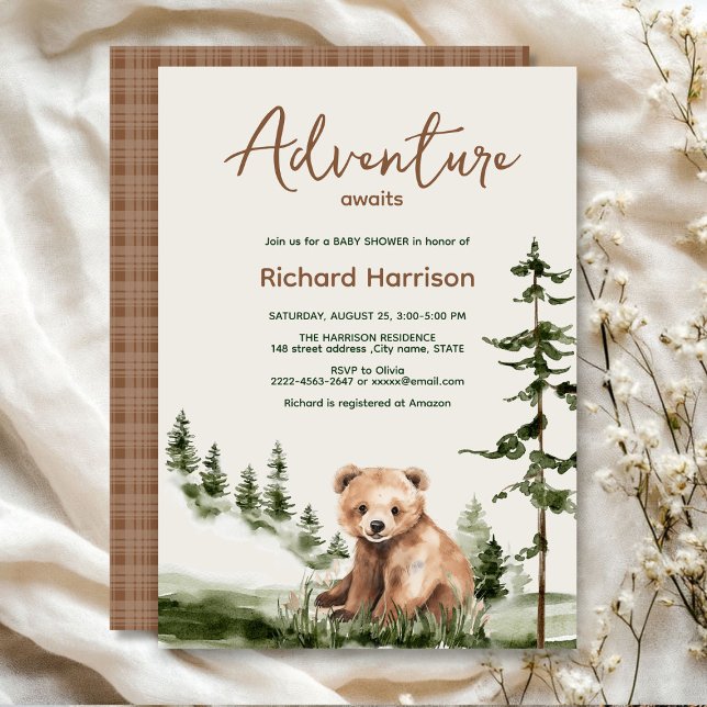 Convite Aventura aguarda chá de fraldas bonito de urso flo (Adventure awaits cute watercolor bear, green forest, woodland theme baby shower invitation )