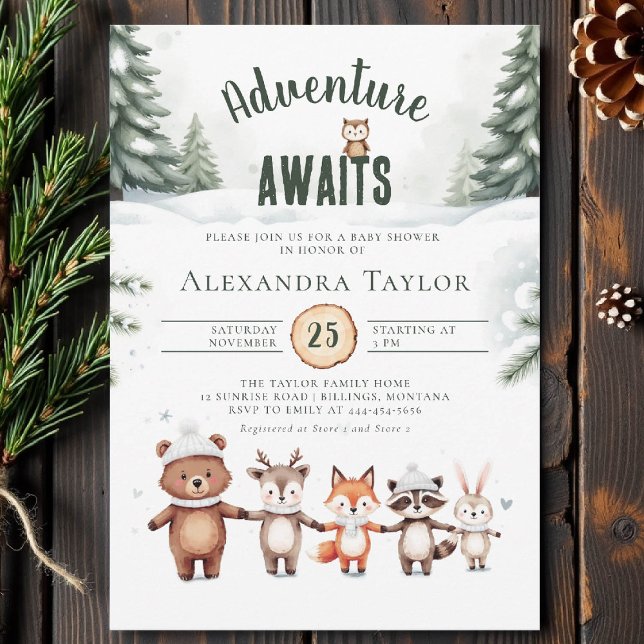 Convite Aventura Aguarda Chá de fraldas de inverno da Mari (winter baby shower invitation adventure awaits woodland animals cute watercolor forest snow cold)