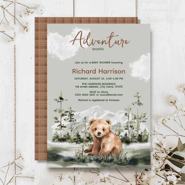 Convite Aventura aguarda chá de fraldas de urso da florest (Adventure awaits cute watercolor bear, green forest, woodland theme baby shower invitation )