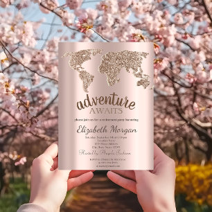 Convite Aventura Aguarda Mapa Mundial Rosa Dourado Aposent