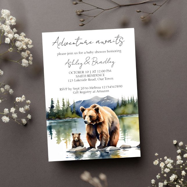 Convite Aventura aguarda um filhote de urso com a mãe chá  (Adventure awaits national park themed baby shower template invitation instant download bear cub)