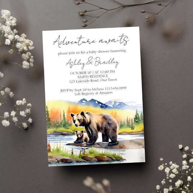 Convite Aventura aguarda um filhote de urso com a mãe chá  (Adventure awaits Alaskan wilderness bear cub with mama bear baby shower template invitation download)