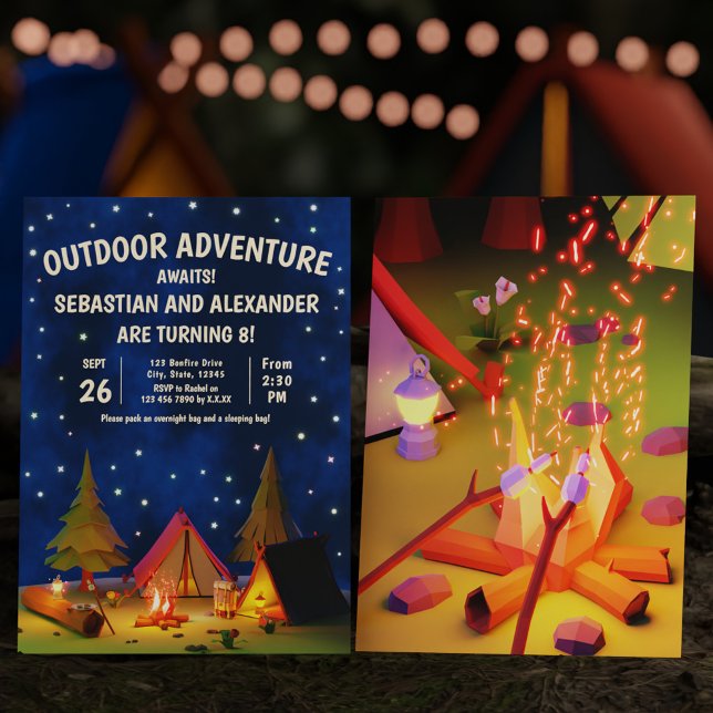 Convite Aventura ao ar livre de acampamento duplo aguarda  (Double Camping Outdoor Adventure Awaits Birthday Invitation)