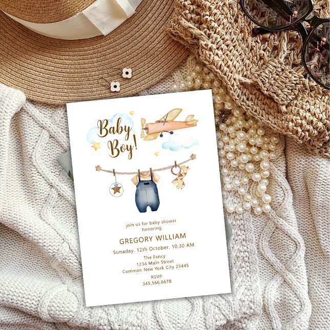 Convite Aventura Boy Clothesline Airplane Chá de fraldas (Adventure Boy Clothesline Airplane Sky Baby Shower Invitation)