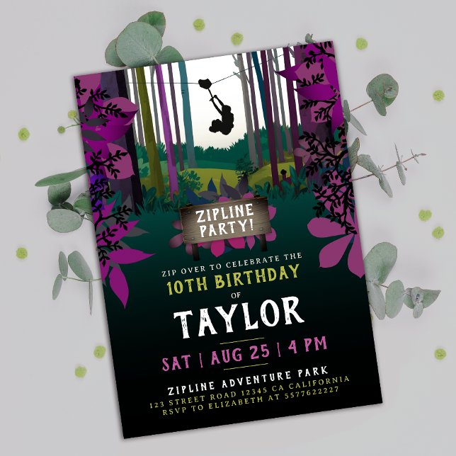 Convite Aventura de aniversário da Floresta Roxa Zipline l (Criador carregado)