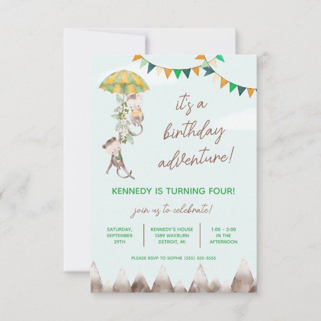 Convite Aventura de Aniversário, Macacos, Montanhas Aniver (Frente)