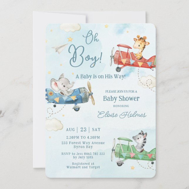 Convite Aventura de Avião Bastante Animais Oh Chá de frald (Frente)