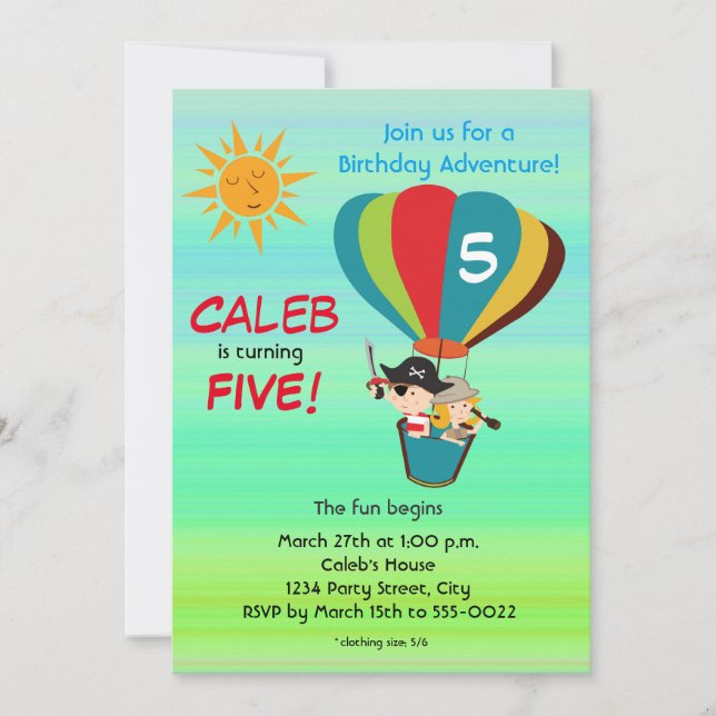 Convite Aventura de Balão de Ar Antigo Aniversário Infanti (Frente)