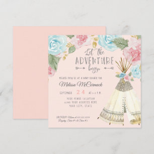 Convite Aventura de Chá de Bebê inicia o Teepee com Rosas
