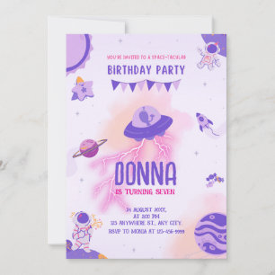 Convite Aventura Espacial Girassol Púrpura Rosa Aniversári