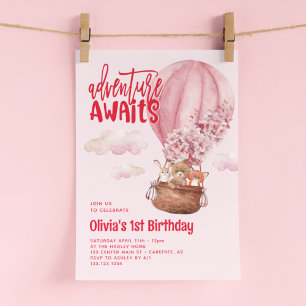 Convite Aventura Espera Aniversário de 1 ano Rosa e Vermel