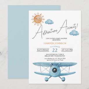 Convite Aventura Espera Chuveirinho de Bebê Menino Avião