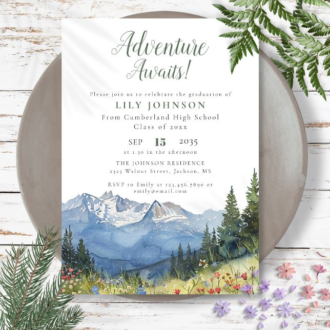 Convite Aventura Espera Montanhas Festa de Formatura (Adventure Awaits Mountains Graduation Party Invitation)