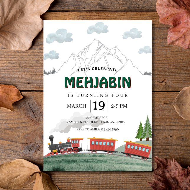 Convite Aventura Montanha Comboio a Vapor (Mountain Adventure Steam Train Birthday Invitation
)