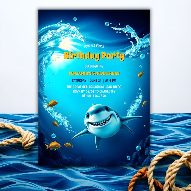 Convite Aventura Para Crianças, Aniversário De Tubarão (Ocean Adventure For Kids Fun Shark Birthday Invitation)