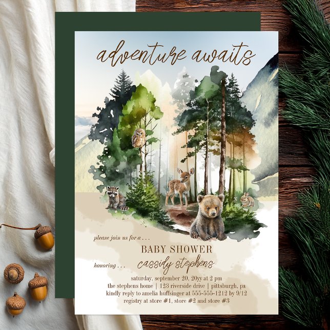 Convite Aventura Russo Woodland Aguarda Chá de fraldas ("adventure awaits" rustic woodland bear and forest animals boy baby shower design -- print | digital)