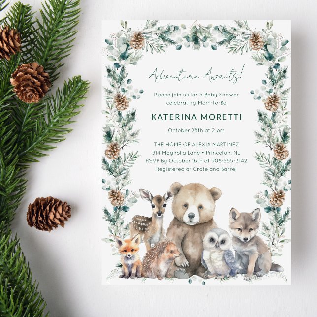 Convite Aventura Rustic Woodland Aguarda Chá de fraldas (This gender neutral Adventure Awaits woodland baby shower invitation features winter greenery)