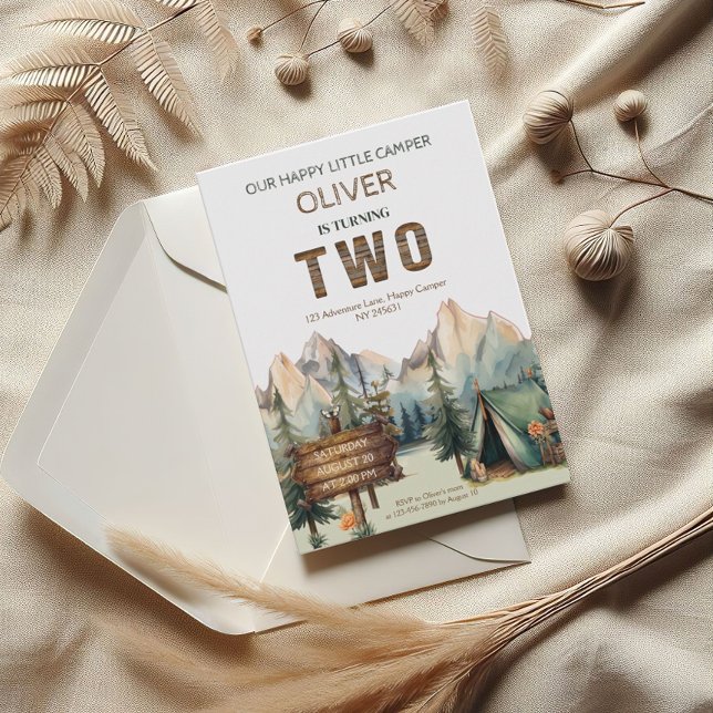 Convite Aventura Rústica Feliz Acampador Segundo Aniversár (Criador carregado)