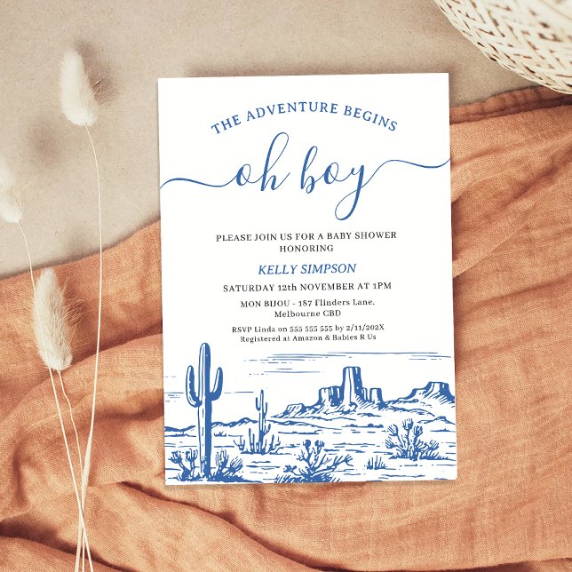 Convite Aventura Selvagem Azul Começa Chá de fraldas (Blue Wilderness The Adventure Begins Baby Shower Invitation Boy, Western Theme, Oh Boy Blue Desert)