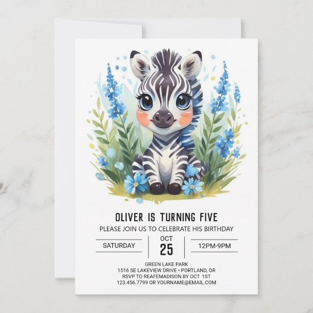 Convite Aventura Wildlife Online Zebra Boy Aniversário (Frente)