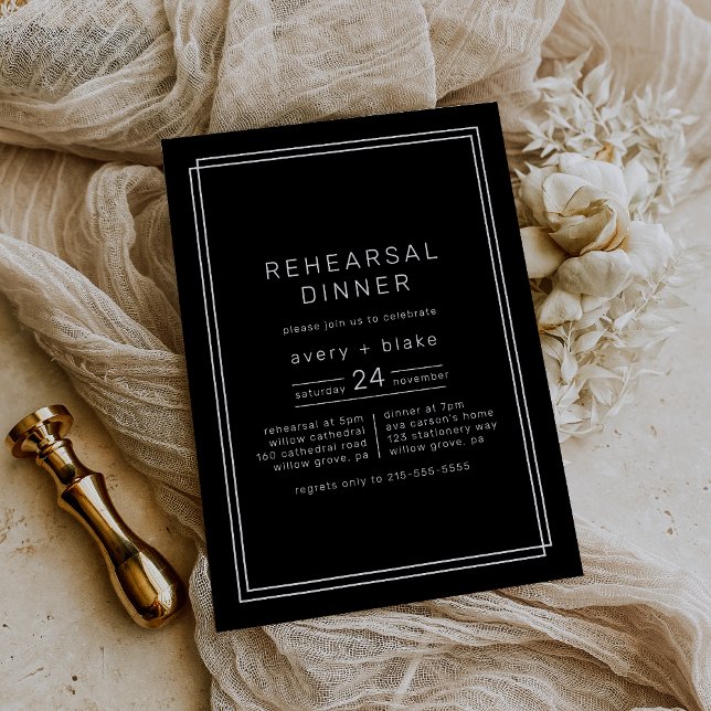 Convite AVERY Janto de ensaio a preto moderno (AVERY Modern Black Rehearsal Dinner Invitation)