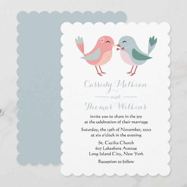 Convite Aves de Casamento Rosa e Azul (Frente/Verso)