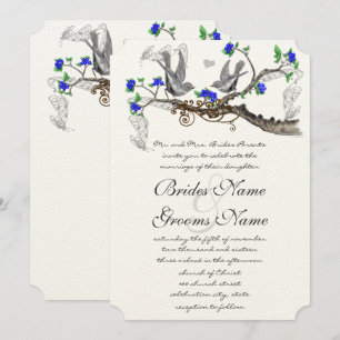 Convite Aves de Cinza Vintage Blossom Real Azul-Cereja
