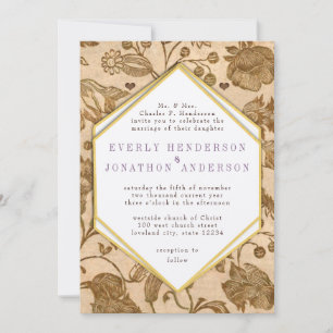 Convite Aves do Amor com Acentos Roxos Vintage Casamento