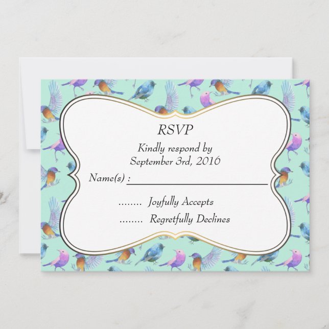 Convite Aves Elegantes em Aquarela com Moldura RSVP Casame (Frente)