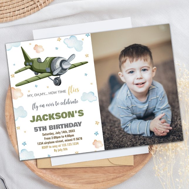 Convite Avião Aniversário Convidou Verde Com Foto (Airplane Birthday Invitations Green With Photo)