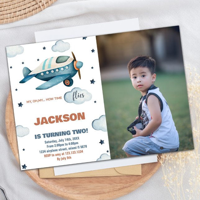 Convite Avião Aniversário Invoca Azul com Foto (Airplane Birthday Invitations Blue With Photo)
